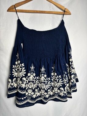 Flying Tomato Navy Blue Off-Shoulder Embroidered Peasant Top